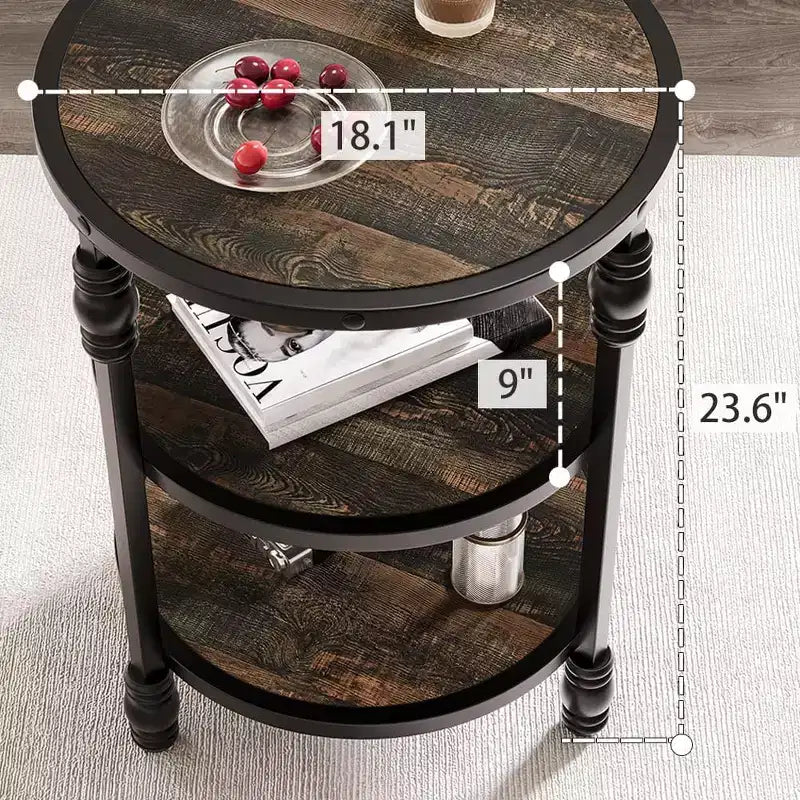 Tavolino rotondo con 3 ripiani per soggiorno, camera da letto, comodino, tavolino da caffè con struttura in acciaio per piccoli spazi