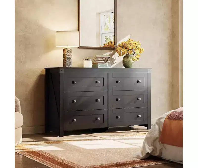 GALAXHERO Farmhouse 6 Drawer Wood Dresser, With Double Rustic Handles, TV Stand for 60 TV, Clothes Organizer for Bedroom & Living Room,Black