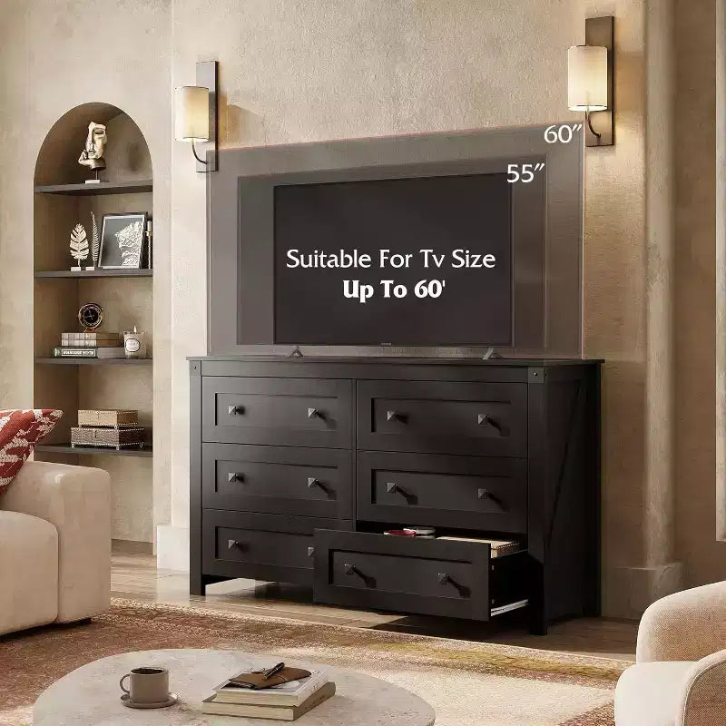 GALAXHERO Cassettiera in legno a 6 cassetti in stile rustico con doppi manici, Porta TV per TV da 60", Organizzatore di vestiti per camera da letto e soggiorno, Nero