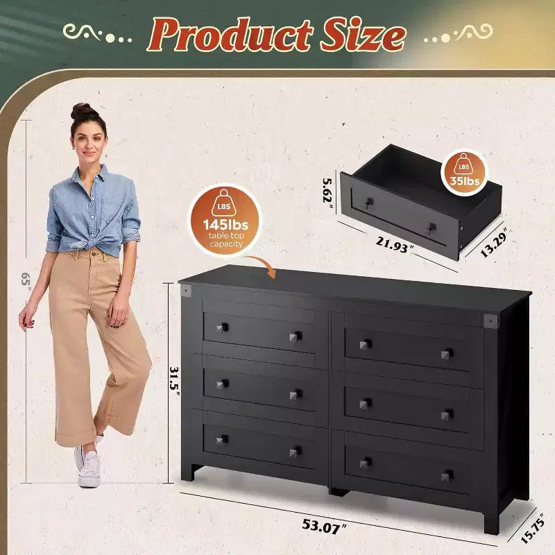 GALAXHERO Cassettiera in legno a 6 cassetti in stile rustico con doppi manici, Porta TV per TV da 60", Organizzatore di vestiti per camera da letto e soggiorno, Nero