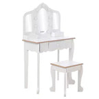 Tocador para Bambini con Specchio Illuminato, Tavolo e Sgabello da Trucco per Bambine, Trucchi per Bambini con Specchio a Tre Ante, Cassetto e Griglia portaoggetti per Bambine di 3-9 Anni