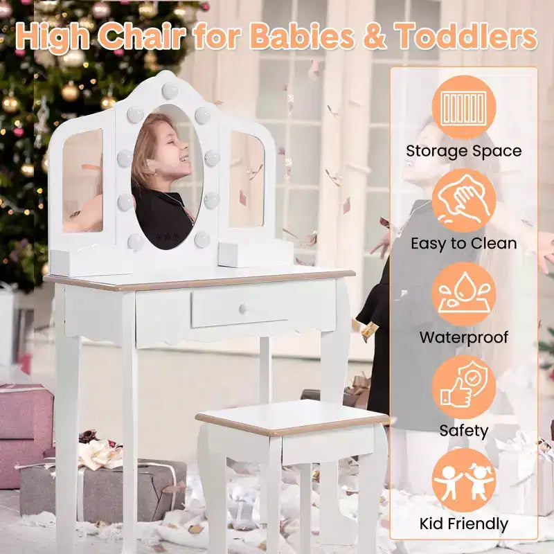 Tocador para Bambini con Specchio Illuminato, Tavolo e Sgabello da Trucco per Bambine, Trucchi per Bambini con Specchio a Tre Ante, Cassetto e Griglia portaoggetti per Bambine di 3-9 Anni