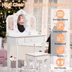 Tocador para Bambini con Specchio Illuminato, Tavolo e Sgabello da Trucco per Bambine, Trucchi per Bambini con Specchio a Tre Ante, Cassetto e Griglia portaoggetti per Bambine di 3-9 Anni