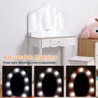Tocador para Bambini con Specchio Illuminato, Tavolo e Sgabello da Trucco per Bambine, Trucchi per Bambini con Specchio a Tre Ante, Cassetto e Griglia portaoggetti per Bambine di 3-9 Anni