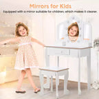 Tocador para Bambini con Specchio Illuminato, Tavolo e Sgabello da Trucco per Bambine, Trucchi per Bambini con Specchio a Tre Ante, Cassetto e Griglia portaoggetti per Bambine di 3-9 Anni