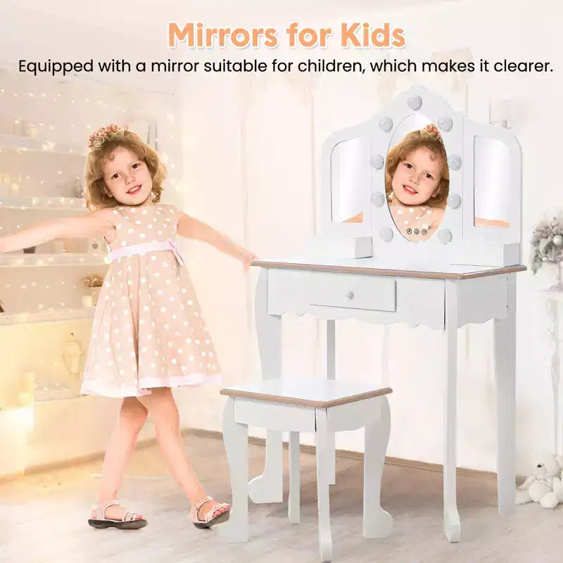 Tocador para Bambini con Specchio Illuminato, Tavolo e Sgabello da Trucco per Bambine, Trucchi per Bambini con Specchio a Tre Ante, Cassetto e Griglia portaoggetti per Bambine di 3-9 Anni