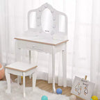 Tocador para Bambini con Specchio Illuminato, Tavolo e Sgabello da Trucco per Bambine, Trucchi per Bambini con Specchio a Tre Ante, Cassetto e Griglia portaoggetti per Bambine di 3-9 Anni