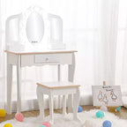 Tocador para Bambini con Specchio Illuminato, Tavolo e Sgabello da Trucco per Bambine, Trucchi per Bambini con Specchio a Tre Ante, Cassetto e Griglia portaoggetti per Bambine di 3-9 Anni
