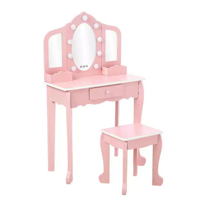Tocador para Bambini con Specchio Illuminato, Tavolo e Sgabello da Trucco per Bambine, Trucchi per Bambini con Specchio a Tre Ante, Cassetto e Griglia portaoggetti per Bambine di 3-9 Anni