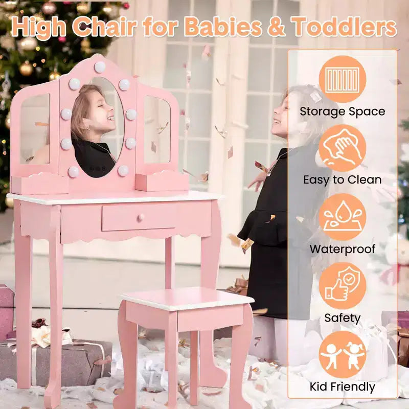 Tocador para Bambini con Specchio Illuminato, Tavolo e Sgabello da Trucco per Bambine, Trucchi per Bambini con Specchio a Tre Ante, Cassetto e Griglia portaoggetti per Bambine di 3-9 Anni