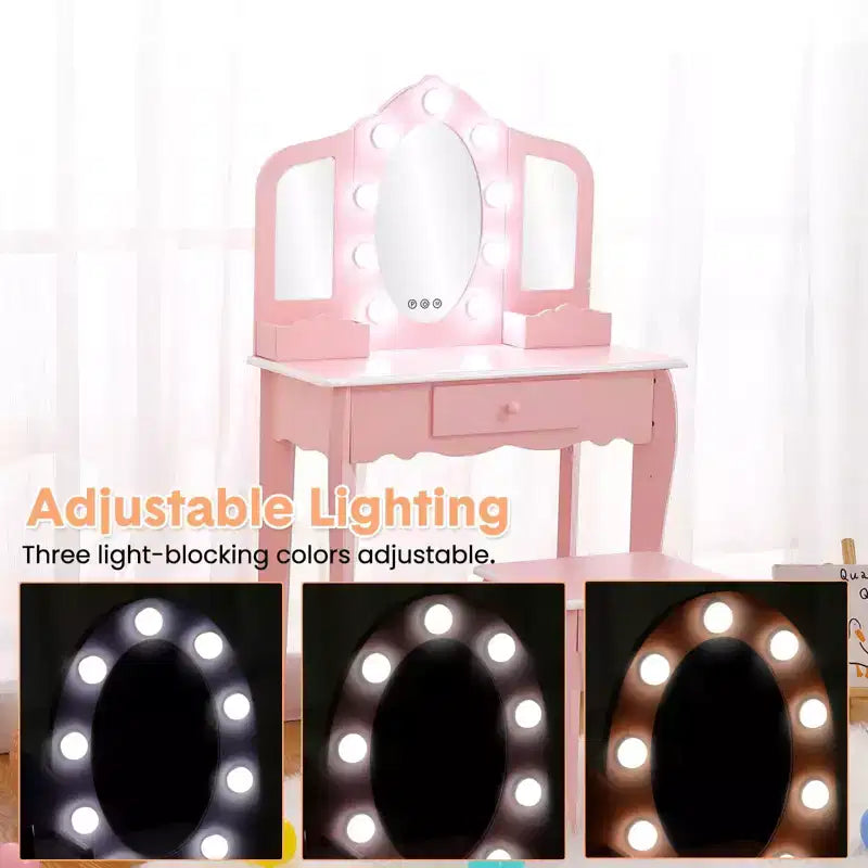 Tocador para Bambini con Specchio Illuminato, Tavolo e Sgabello da Trucco per Bambine, Trucchi per Bambini con Specchio a Tre Ante, Cassetto e Griglia portaoggetti per Bambine di 3-9 Anni