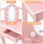 Tocador para Bambini con Specchio Illuminato, Tavolo e Sgabello da Trucco per Bambine, Trucchi per Bambini con Specchio a Tre Ante, Cassetto e Griglia portaoggetti per Bambine di 3-9 Anni