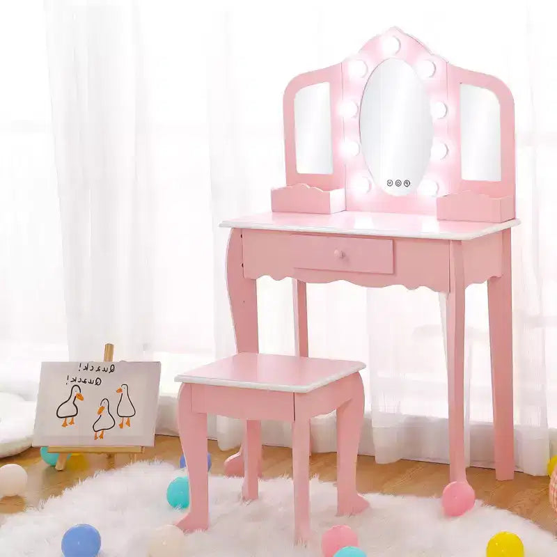 Tocador para Bambini con Specchio Illuminato, Tavolo e Sgabello da Trucco per Bambine, Trucchi per Bambini con Specchio a Tre Ante, Cassetto e Griglia portaoggetti per Bambine di 3-9 Anni