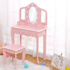 Tocador para Bambini con Specchio Illuminato, Tavolo e Sgabello da Trucco per Bambine, Trucchi per Bambini con Specchio a Tre Ante, Cassetto e Griglia portaoggetti per Bambine di 3-9 Anni