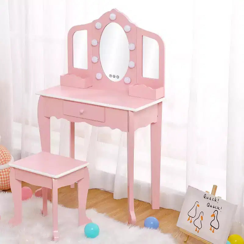 Tocador para Bambini con Specchio Illuminato, Tavolo e Sgabello da Trucco per Bambine, Trucchi per Bambini con Specchio a Tre Ante, Cassetto e Griglia portaoggetti per Bambine di 3-9 Anni