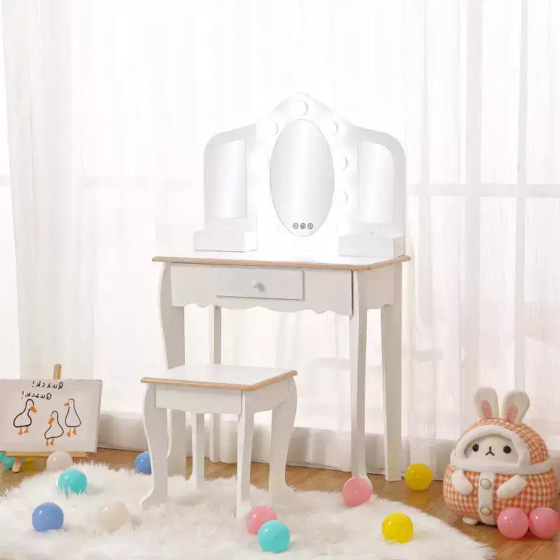 Tocador para Bambini con Specchio Illuminato, Tavolo e Sgabello da Trucco per Bambine, Trucchi per Bambini con Specchio a Tre Ante, Cassetto e Griglia portaoggetti per Bambine di 3-9 Anni