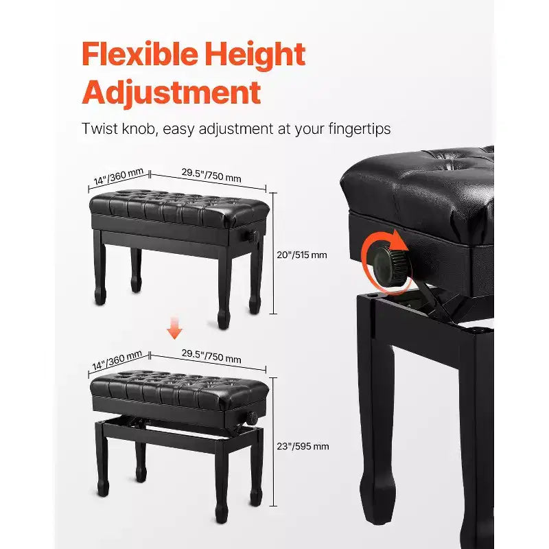 VEVOR Panca per Pianoforte, 29,5 x 14 x 20,3 Pollici, Sedia per Pianoforte a Tastiera Duo con Altezza Regolabile 20,3-23,4, Cuscino Imbottito, Vano Portaoggetti, Nero