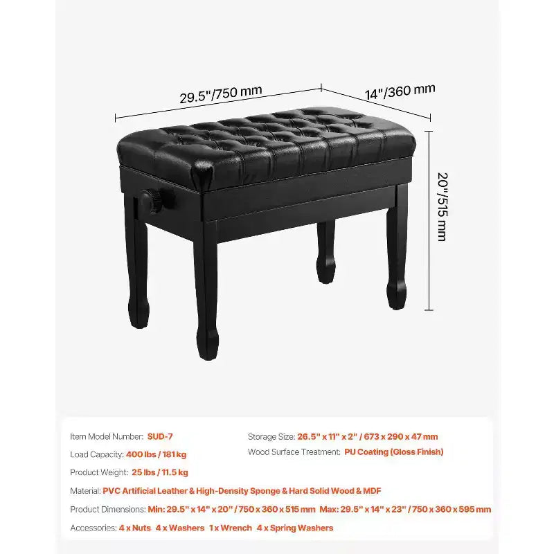 VEVOR Panca per Pianoforte, 29,5 x 14 x 20,3 Pollici, Sedia per Pianoforte a Tastiera Duo con Altezza Regolabile 20,3-23,4, Cuscino Imbottito, Vano Portaoggetti, Nero