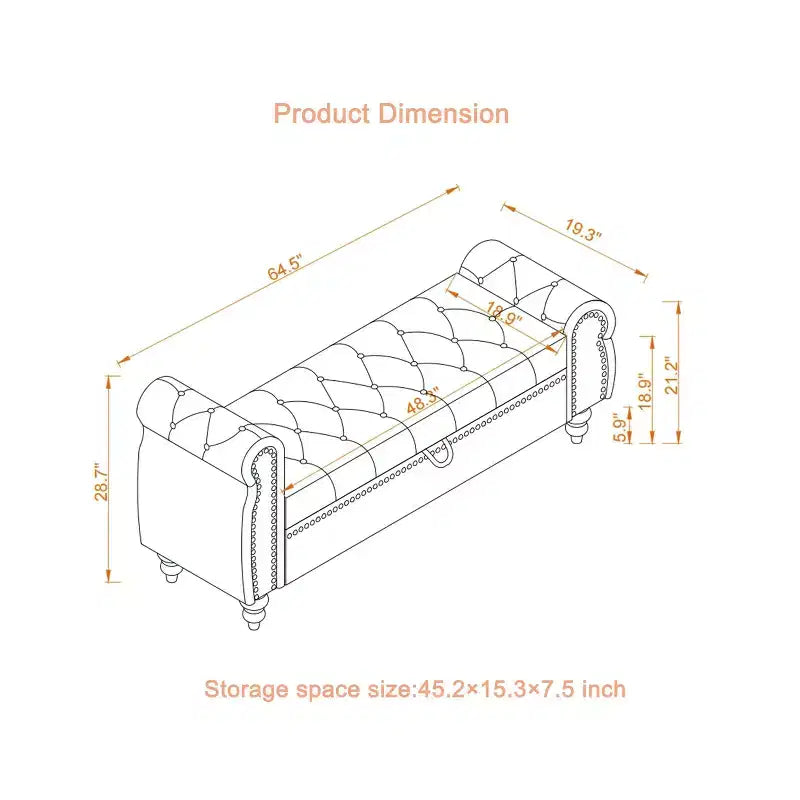 Panca da letto TUYOHW per camera da letto, con chiodi, chaise longue trapuntata con contenitore, rivestimento in velluto, blu lago