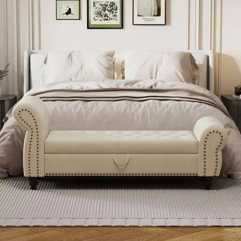 Panca da letto TUYOHW per camera da letto, con chiodi, chaise longue trapuntata con contenitore, rivestimento in velluto, blu lago