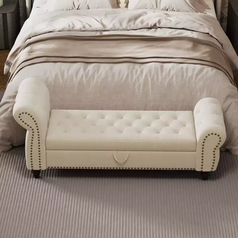 Panca da letto TUYOHW per camera da letto, con chiodi, chaise longue trapuntata con contenitore, rivestimento in velluto, blu lago