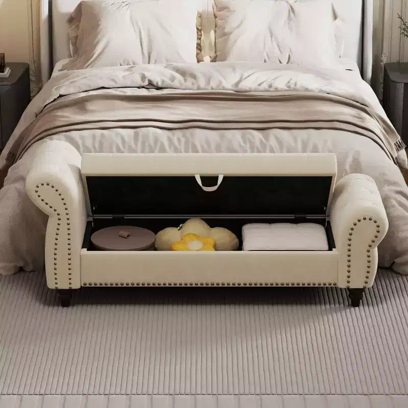 Panca da letto TUYOHW per camera da letto, con chiodi, chaise longue trapuntata con contenitore, rivestimento in velluto, blu lago