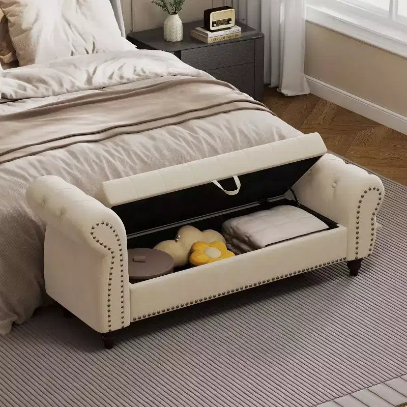 Panca da letto TUYOHW per camera da letto, con chiodi, chaise longue trapuntata con contenitore, rivestimento in velluto, blu lago