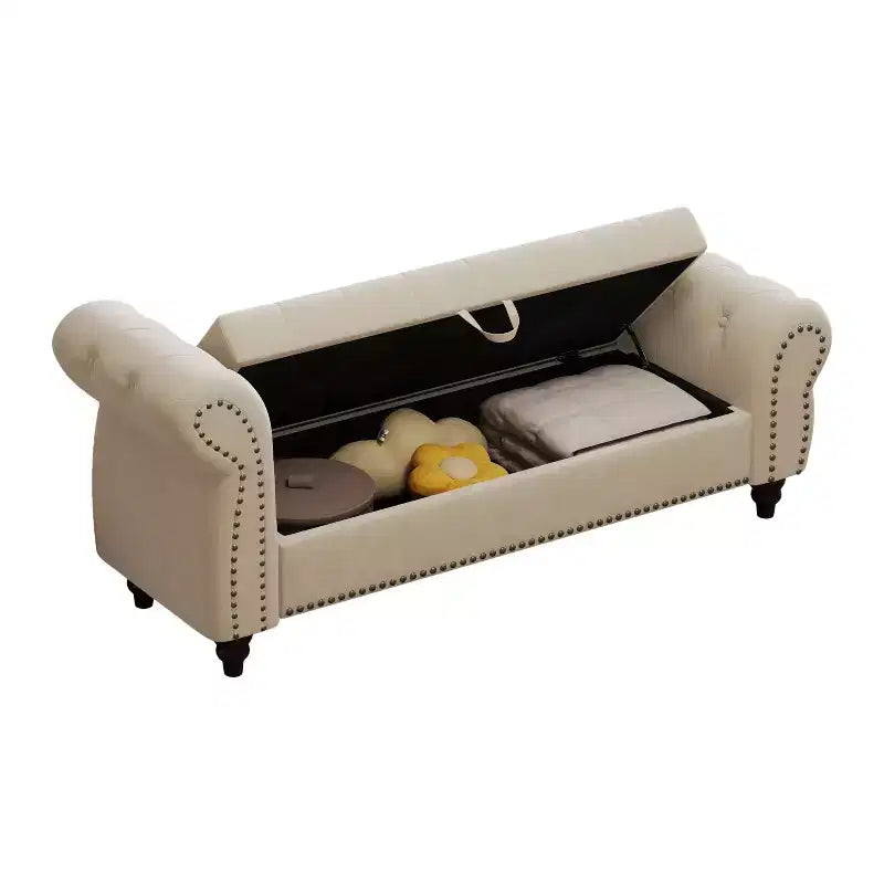 Panca da letto TUYOHW per camera da letto, con chiodi, chaise longue trapuntata con contenitore, rivestimento in velluto, blu lago