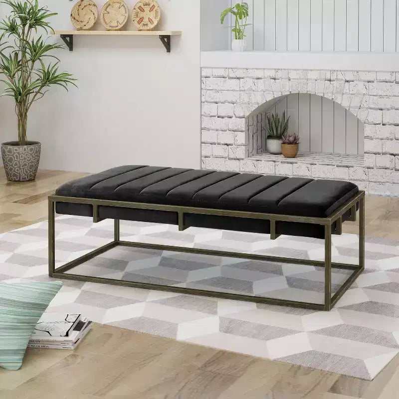 Panca Pouf Imbottita in Velluto TUYOHW con Finitura in Ottone, Nera