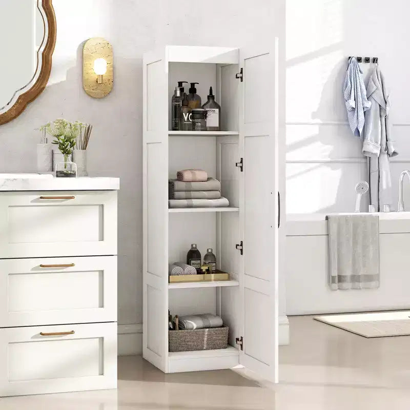 Mobiletto da bagno Costway a 4 ripiani con anta, armadietto da pavimento per piccoli spazi, nero/naturale/bianco