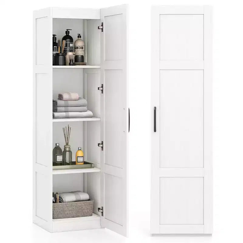 Mobiletto da bagno Costway a 4 ripiani con anta, armadietto da pavimento per piccoli spazi, nero/naturale/bianco