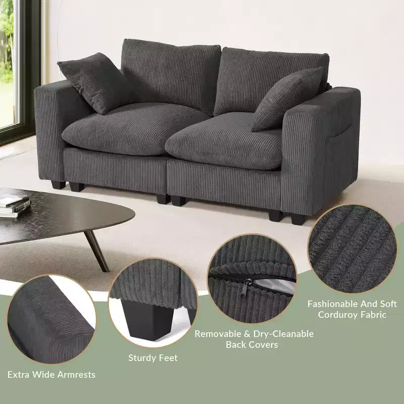WestinTrends Divano Loveseat Modulare in Velluto a Coste Hearthside 70 con Porte USB/Type-C e Tasche Laterali