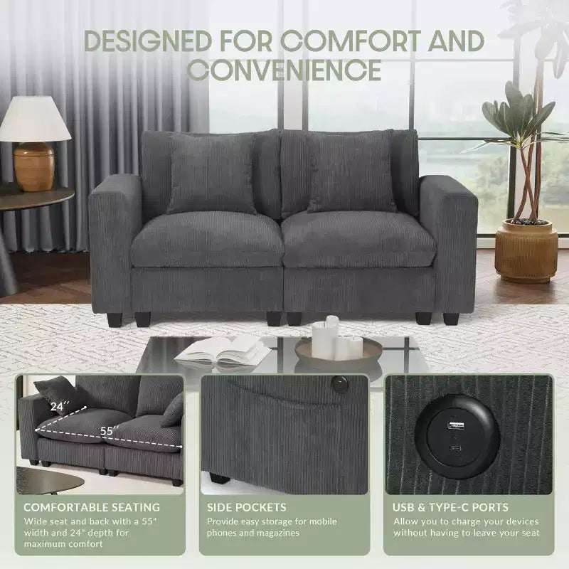 WestinTrends Divano Loveseat Modulare in Velluto a Coste Hearthside 70 con Porte USB/Type-C e Tasche Laterali