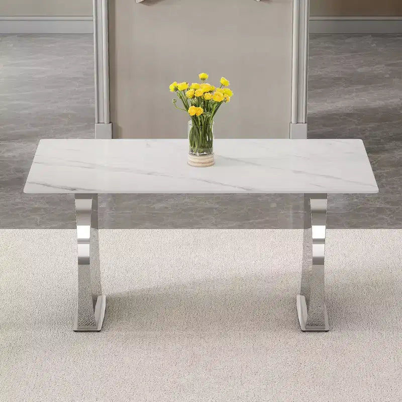 Tavolo da pranzo rettangolare Okak con piano decorato, tavolo da cucina in pietra per sala da pranzo, soggiorno, ufficio, cucina