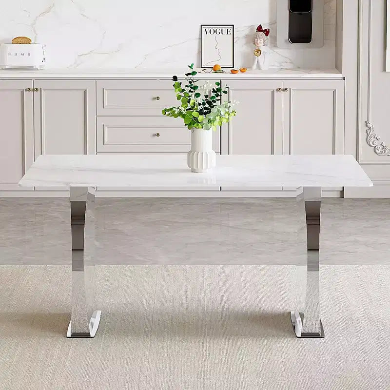Tavolo da pranzo rettangolare Okak con piano decorato, tavolo da cucina in pietra per sala da pranzo, soggiorno, ufficio, cucina