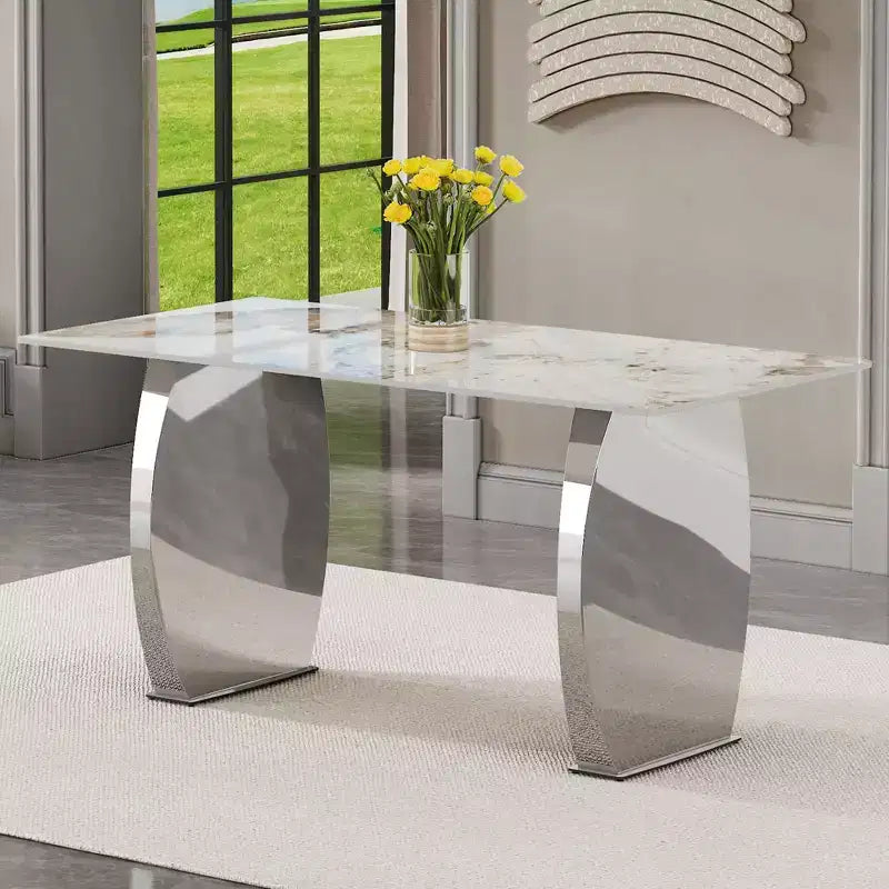 Tavolo da pranzo rettangolare Okak con piano decorato, tavolo da cucina in pietra per sala da pranzo, soggiorno, ufficio, cucina