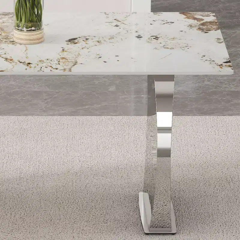 Tavolo da pranzo rettangolare Okak con piano decorato, tavolo da cucina in pietra per sala da pranzo, soggiorno, ufficio, cucina