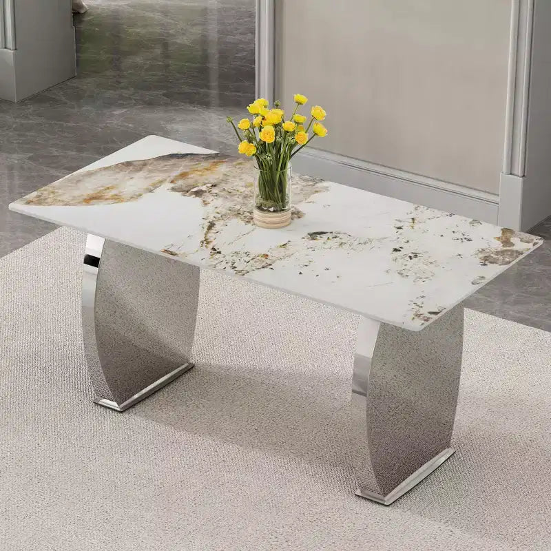 Tavolo da pranzo rettangolare Okak con piano decorato, tavolo da cucina in pietra per sala da pranzo, soggiorno, ufficio, cucina