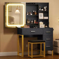 Vanity Desk, Makeup Vanity Desk with Mirror and Lights, Power Outlets, Vanity Table with Cushioned Chair