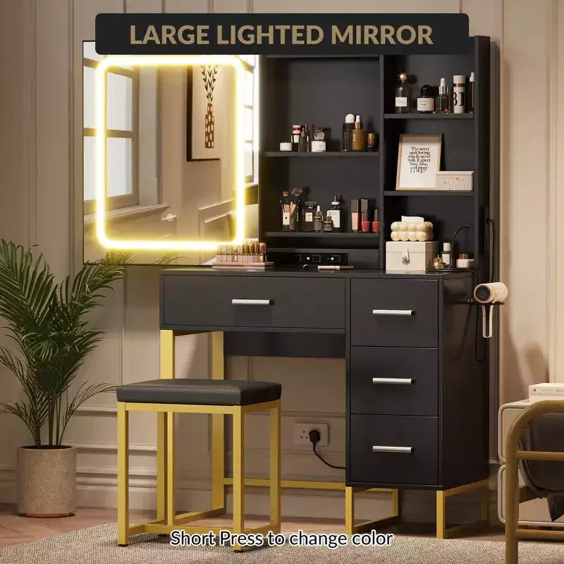 Toeletta, Toeletta da Trucco con Specchio e Luci, Prese di Corrente, Tavolo da Trucco con Sgabello Imbottito