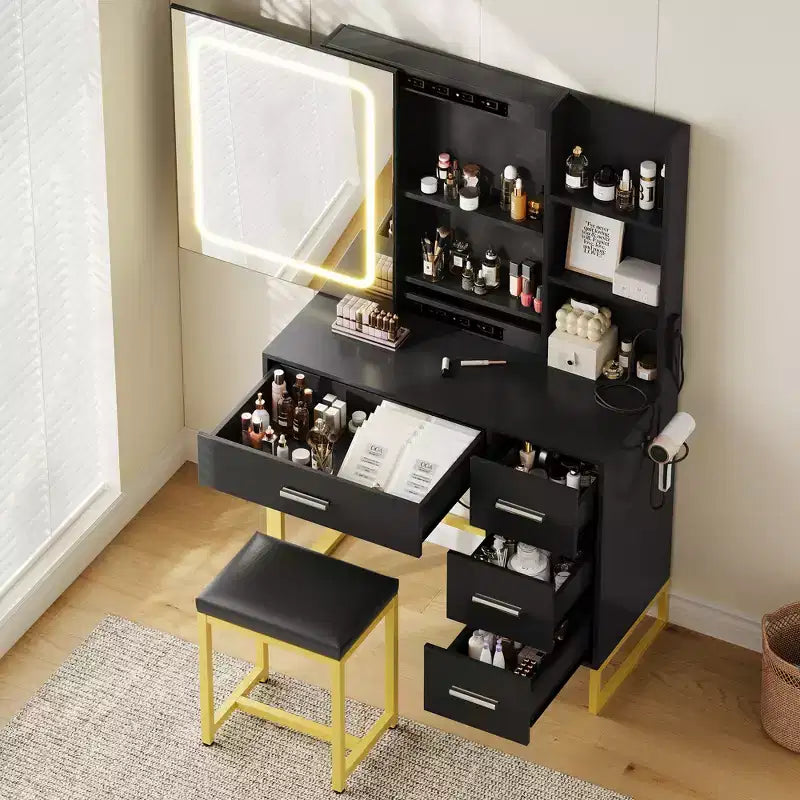 Toeletta, Toeletta da Trucco con Specchio e Luci, Prese di Corrente, Tavolo da Trucco con Sgabello Imbottito