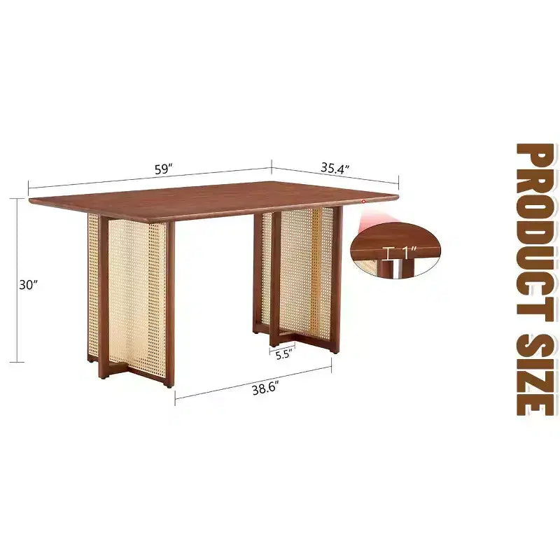 Tavolo da pranzo Okak Retro Wood, tavolo da pranzo moderno in simil rattan per sala da pranzo, soggiorno, ufficio