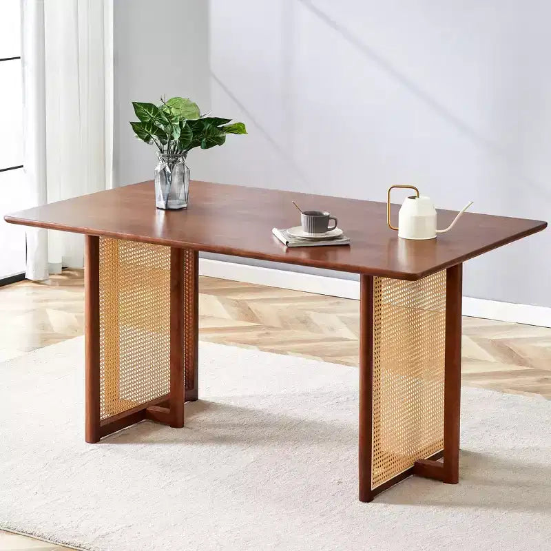 Tavolo da pranzo Okak Retro Wood, tavolo da pranzo moderno in simil rattan per sala da pranzo, soggiorno, ufficio