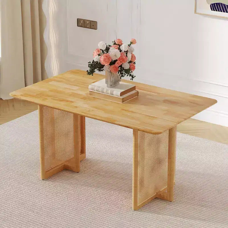 Okak Retro Wood Dining Table, Modern Imitation Rattan Dining Table for Dining Room, Living Room, Office