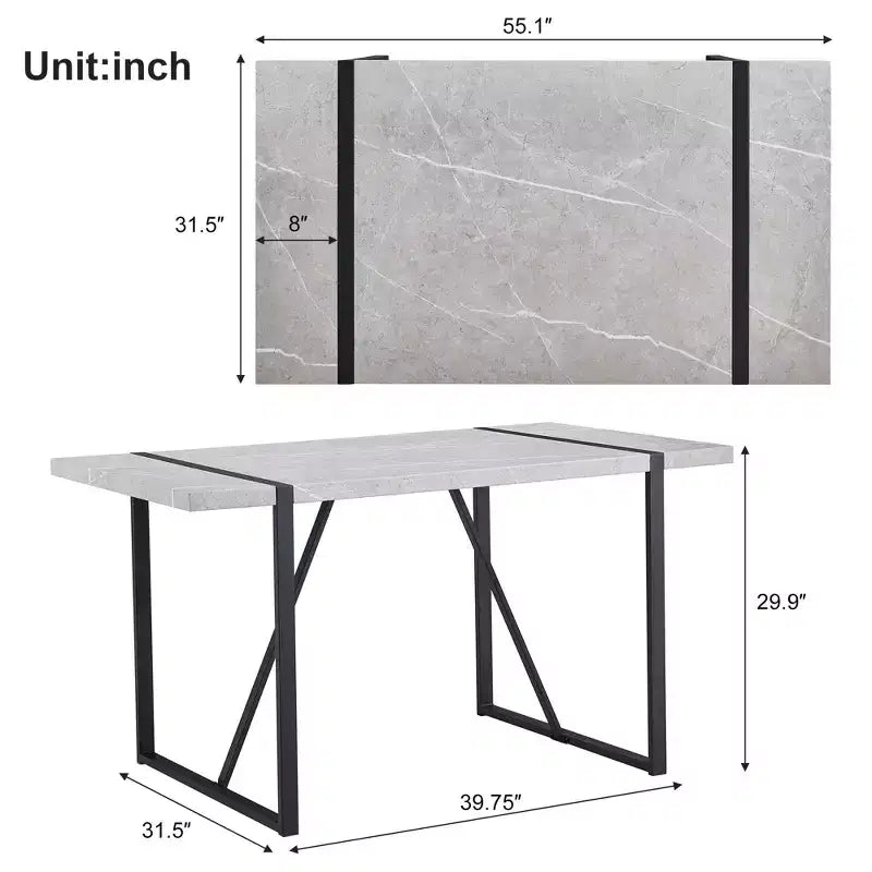 Tavolo da pranzo rettangolare Okak con piano in finto marmo e base in metallo, tavolo da cucina per 6 persone per sala da pranzo, grigio