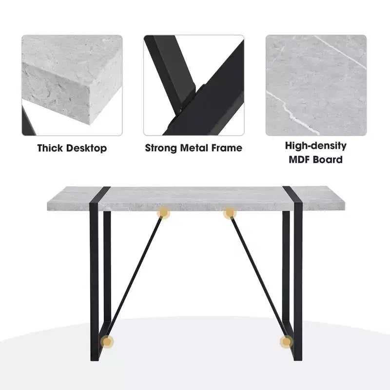 Tavolo da pranzo rettangolare Okak con piano in finto marmo e base in metallo, tavolo da cucina per 6 persone per sala da pranzo, grigio