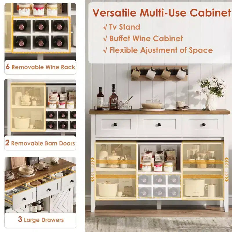 Mobile Buffet Rustico con Ante Scorrevoli in Stile Fienile, Credenza Rustica con 3 Cassetti, Porta Vino Rimovibile, Credenza in Stile Rustico con Ripiano Regolabile