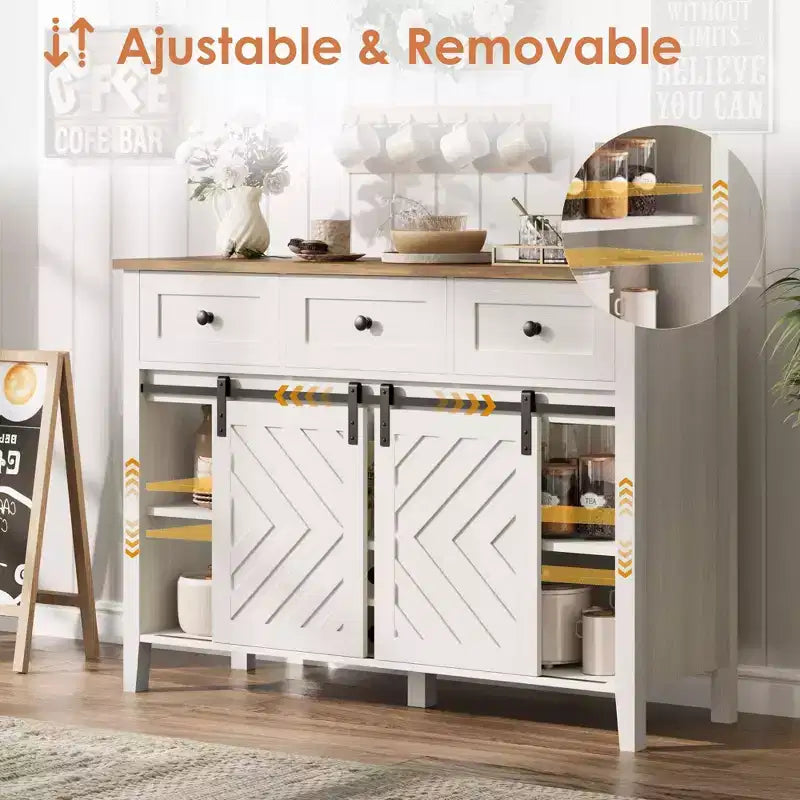 Mobile Buffet Rustico con Ante Scorrevoli in Stile Fienile, Credenza Rustica con 3 Cassetti, Porta Vino Rimovibile, Credenza in Stile Rustico con Ripiano Regolabile