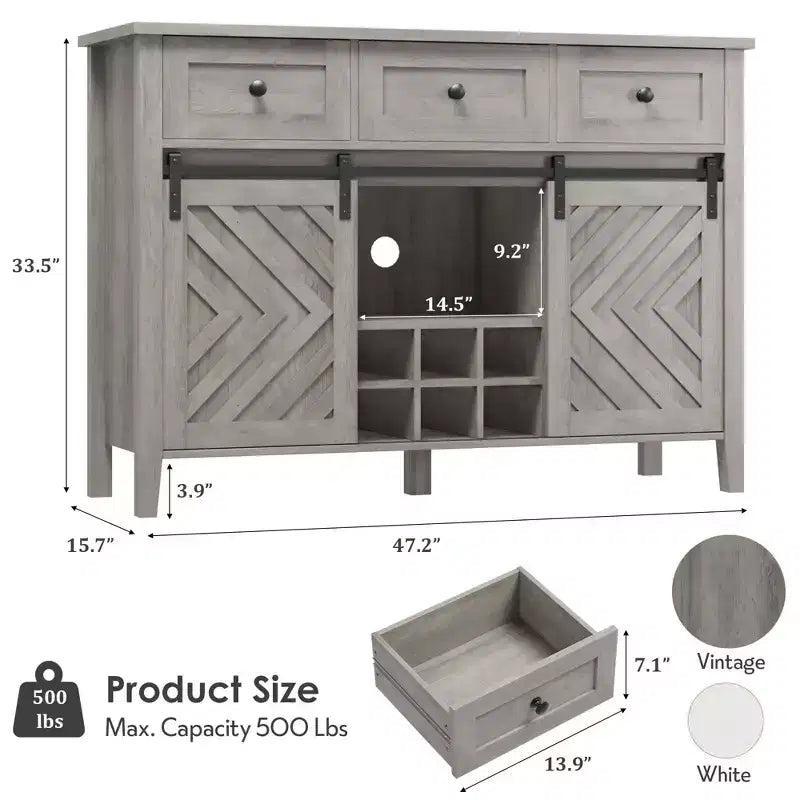 Mobile Buffet Rustico con Ante Scorrevoli in Stile Fienile, Credenza Rustica con 3 Cassetti, Porta Vino Rimovibile, Credenza in Stile Rustico con Ripiano Regolabile