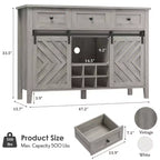 Mobile Buffet Rustico con Ante Scorrevoli in Stile Fienile, Credenza Rustica con 3 Cassetti, Porta Vino Rimovibile, Credenza in Stile Rustico con Ripiano Regolabile